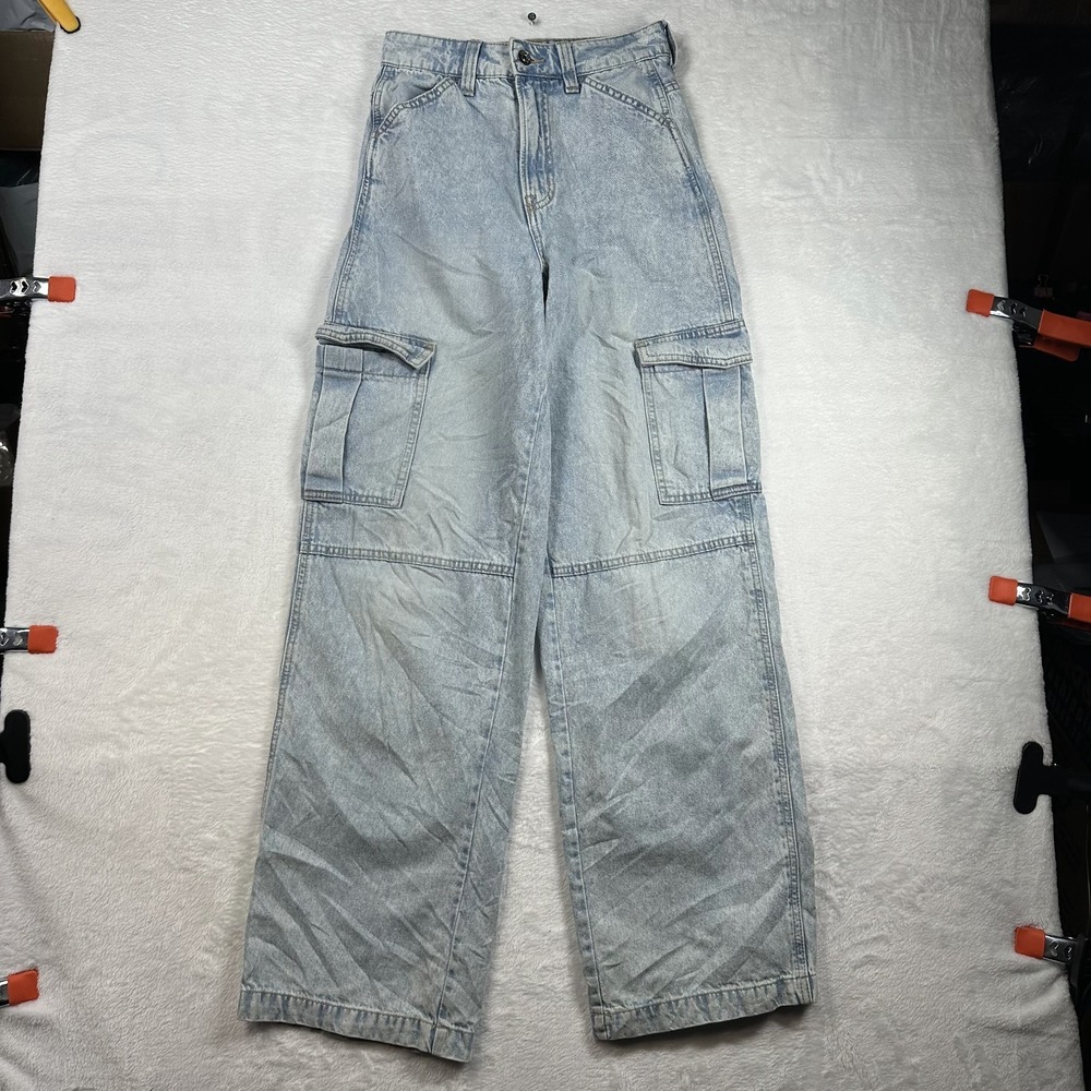 H&M‎ Divided Cargo Jeans Women's 0 Light Wash High Waisted Baggy Zip Fly - 25X31